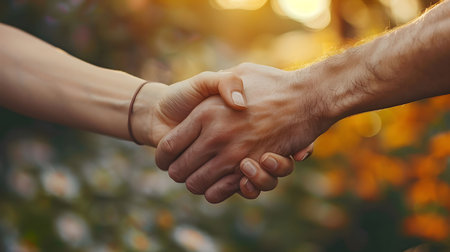 A close-up shot of two hands shaking, symbolizing an agreement or partnership against a warm, golden blurred background of nature.の写真素材
