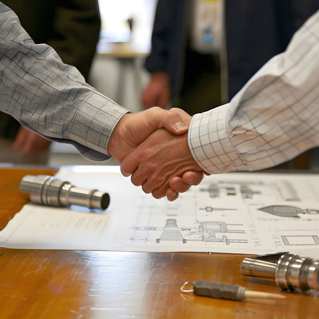 Two businessmen shake hands over a table with engineering plans, signifying a successful business...