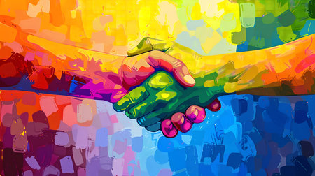 A vibrant abstract illustration of two hands shaking, symbolizing unity and collaboration.の写真素材