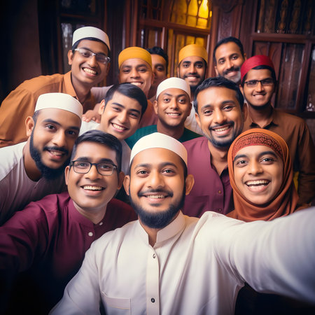 A group of smiling men stand close together, their joy and camaraderie radiating through the image.の素材