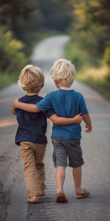 Two young boys, likely brothers, walk down a winding country road, embracing each other as they journey together.の素材