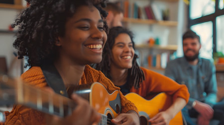 A group of friends enjoying a musical moment together, playing acoustic guitars and singing happily. The atmosphere is warm, relaxed, and filled with joy.の素材