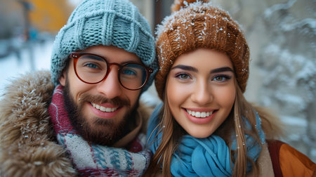 A couple smiling and looking at the camera in the snowの素材