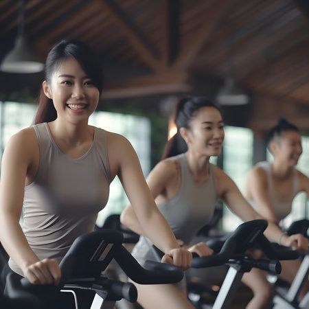 A woman is smiling as she is exercising on a spinning bike at the gym.の素材