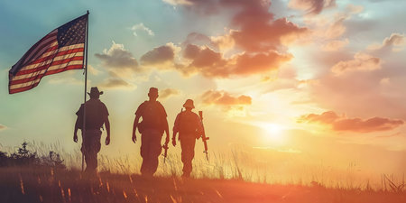 Three soldiers walking in silhouette against a fiery sunset with the American flag waving in the wind. The image evokes feelings of patriotism, duty, and sacrifice.の写真素材