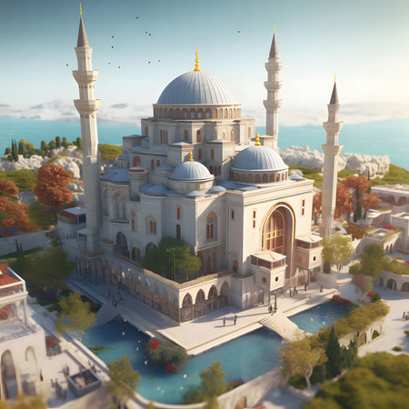 A magnificent mosque with intricate details stands tall against a clear blue sky, surrounded by lush greenery and a serene pond.の写真素材