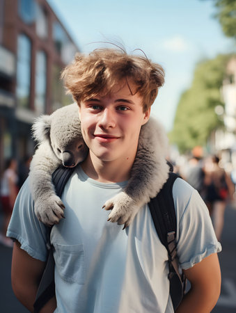 A young man smiling while carrying a koala on his back, with a city backdrop.の素材
