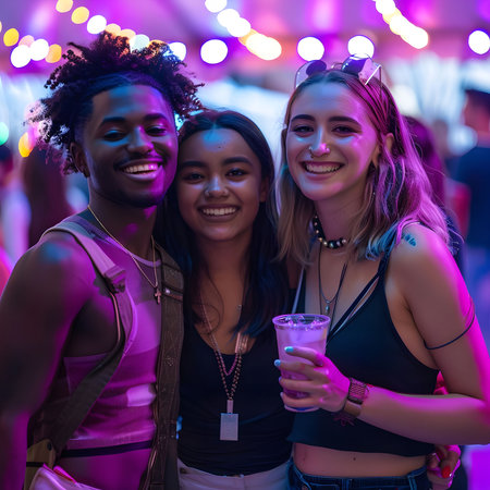 Three friends smiling and laughing together at a night event. They are enjoying their time and seem to be having a lot of fun.の素材