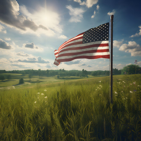 An American flag proudly waves in a green field under a bright blue sky. The image captures the sense of patriotism and freedom.の写真素材