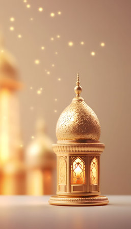A golden Ramadan lantern with a candle inside glows brightly against a background of shimmering lights. The intricate details of the lantern and the warm, inviting atmosphere create a sense of peace and spirituality.の写真素材