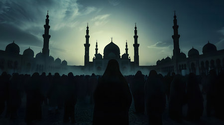 A silhouette of a large mosque with people praying in front of it at dusk. The sky is a dark blue with a few clouds, and the mosque is silhouetted against the sky. The people are all dressed in traditional Islamic clothing, and they are all praying in a unified way.の写真素材