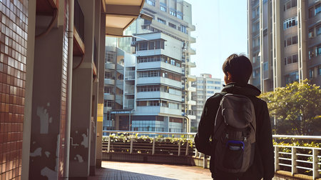 A young man with a backpack walks along a walkway, looking at the cityscape in front of him.の写真素材