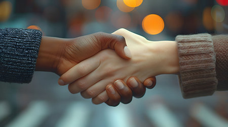 Two people, one black and one white, shake hands, demonstrating unity and agreement. The blurred background suggests a city setting and highlights the connection between individuals.の写真素材