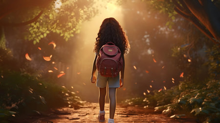 A young girl walks along a path in a lush forest, with a backpack and a hopeful look, ready for adventure.の写真素材