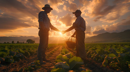Two farmers stand in a field at sunset, shaking hands as the sun sets behind them, representing...