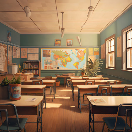 A spacious classroom with rows of empty desks and chairs, a large world map on the wall, and a bright, sunny atmosphere.の写真素材