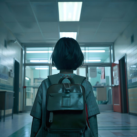 A young girl walks down an empty school hallway, her back turned to the camera, wearing a backpack.の写真素材