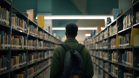 A man with a backpack walks through a library aisle, surrounded by bookshelves filled with booksの写真素材