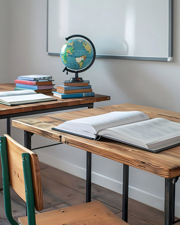 A classic study desk with a globe, books, and a chair. It is a space that is ideal for learning,...
