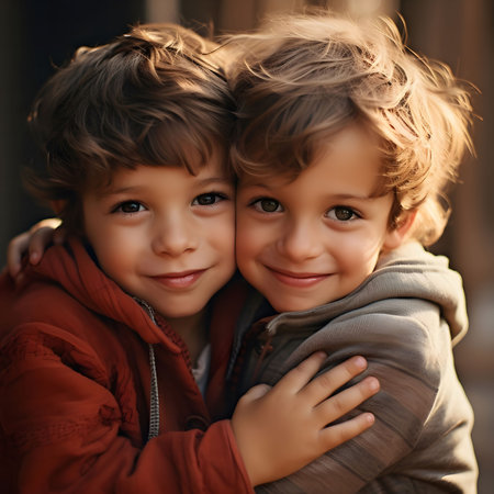 Two young brothers hug each other with big smiles on their facesの素材