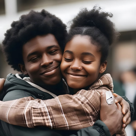 A young brother and sister embrace each other in a heartwarming hug, showing the strong bond of love and affection between them.の素材