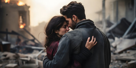 A couple embraces each other amidst the ruins of a war-torn city. The image speaks to the resilience and love that can endure even in the face of immense devastation.の素材