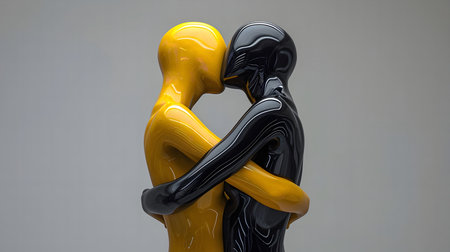 A close-up of an abstract sculpture depicting two figures embracing each other. The figures are made of glossy black and yellow materials, creating a striking contrast.の素材