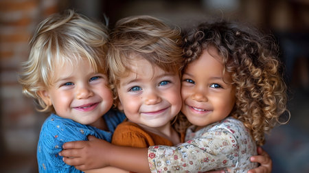 A heartwarming image of three young children embracing each other, radiating pure joy and friendship.の素材