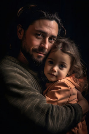 A loving father holds his young daughter close, showing their bond in a moment filled with warmth and affection. The dimly lit space accentuates their connection, highlighting the joy and comfort they share together.の素材