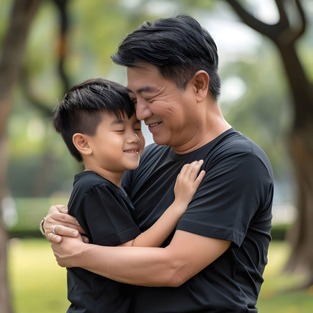 A father and his young son are embracing in a park, both smiling brightly, radiating warmth and love.の素材