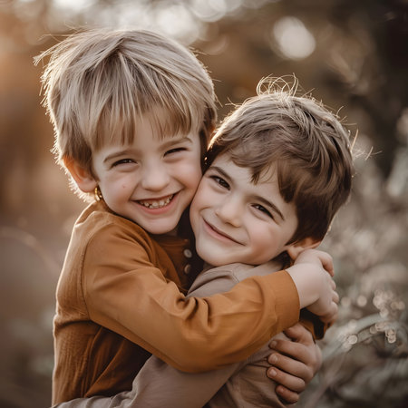Two young boys are joyfully embracing each other in a natural outdoor setting. The warm golden light of the evening sun highlights their expressions of happiness. They both wear casual, comfortable clothing, and their playful bond is evident as they smile brightly at the camera, surrounded by soft greenery.の素材