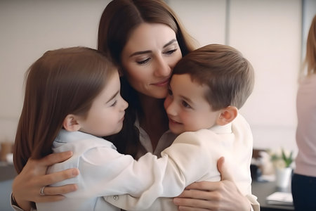 A mother lovingly embraces her two children in a heartwarming display of family affection.の素材