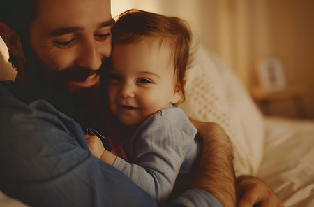 A father embraces his smiling baby, creating a tender connection. The warm ambiance of the room enhances the love and joy shared between them. Soft lighting highlights their expressions as they enjoy each other's company, fostering a sense of security and happiness.の素材