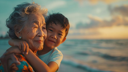 A heartwarming portrait of a grandmother and grandson embracing on the beach at sunset. Their smiles radiate warmth and affection, showing the bond of family and love.の素材