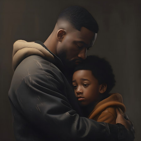 A father is hugging his son, showing love and care. The image creates a sense of warmth and protection.の素材