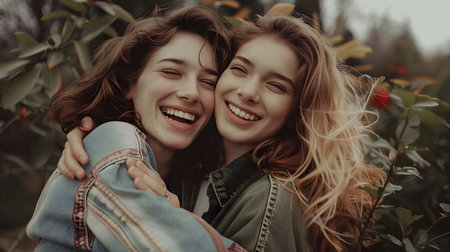 Two young women embrace each other in a garden setting, laughing and smiling, showcasing genuine friendship and happiness.の素材