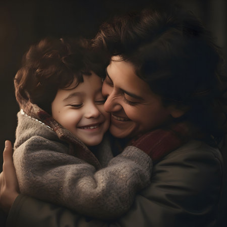A joyful mother and her young child are sharing a loving embrace, radiating warmth and happiness. Their faces are filled with smiles, encapsulating a profound bond in a tranquil evening setting, with soft lighting enhancing the intimate atmosphere.の素材