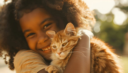 A young girl with curly hair is hugging a ginger cat. She is smiling and looks very happy. The cat is also looking at the camera with a calm expression.の素材