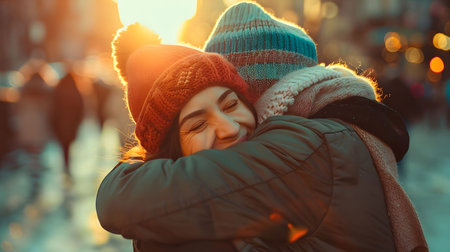 Two people embrace in the city during a warm sunset, radiating joy and affection.の素材