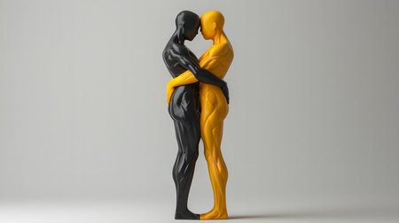 Two sculptures, one black and one yellow, embrace in a minimal studio setting, showcasing abstract art.の素材