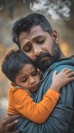 A father holds his young son close, providing warmth and comfort as the boy expresses his sadness. The father looks concerned yet supportive, creating a tender moment that captures the bond between them. The soft natural light accentuates their emotional connection.の素材