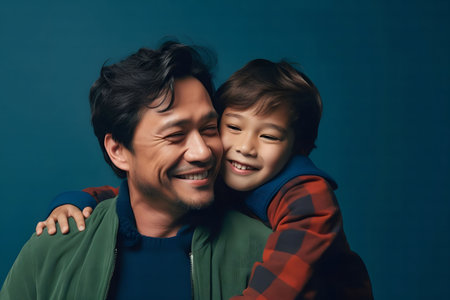 A heartwarming portrait of a father and son sharing a tender moment, with smiles and a hug, showing the deep bond of love and affection they share.の素材