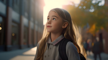A young girl, with a backpack on, looks up in wonder and hope. The sun casts a warm glow on her face. The scene evokes a sense of optimism and excitement for the future.の素材