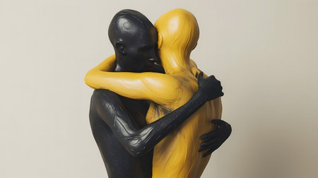 Two figures, painted in contrasting black and gold, embrace in a powerful display of love and unity.の素材