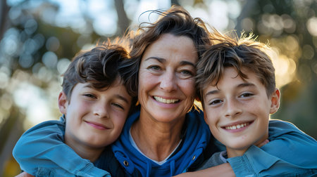 A mother with her two sons smiling for the camera, displaying a close bond and strong familial love.の素材