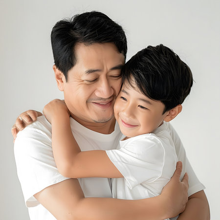 A joyful father and son share a warm embrace in a bright, airy room. The father smiles gently while the boy beams with happiness, highlighting their strong bond. Soft lighting enhances the tender moment, illustrating love and connection between them.の素材