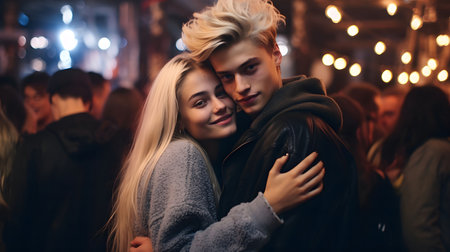 A young couple stands closely together, sharing a warm embrace amidst a bustling indoor environment filled with vibrant lights and people. The atmosphere is vividly with the background softly illuminated by string lights, adding to the intimate mood of the moment.の素材