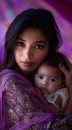 A woman lovingly cradles her young child in her arms, showing a warm and intimate moment. The background features rich purple tones that enhance the emotional connection between them. Their expressions are gentle and serene, highlighting the bond of motherhood.の素材