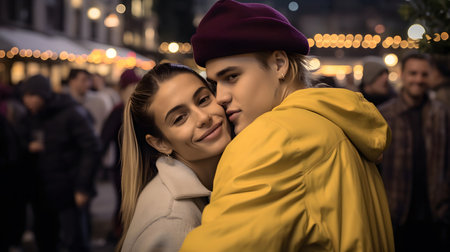 A young couple stands closely together in a bustling evening market, illuminated by warm lights. The woman smiles brightly while leaning into the man, who wears a vibrant yellow jacket and a maroon beanie. Surrounding them are people enjoying the festive atmosphere, creating a cozy and joyful ambiance.の素材