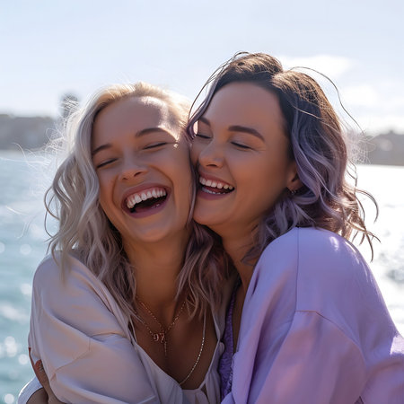 Two young women embrace and laugh together, their faces full of joy and happinessの素材